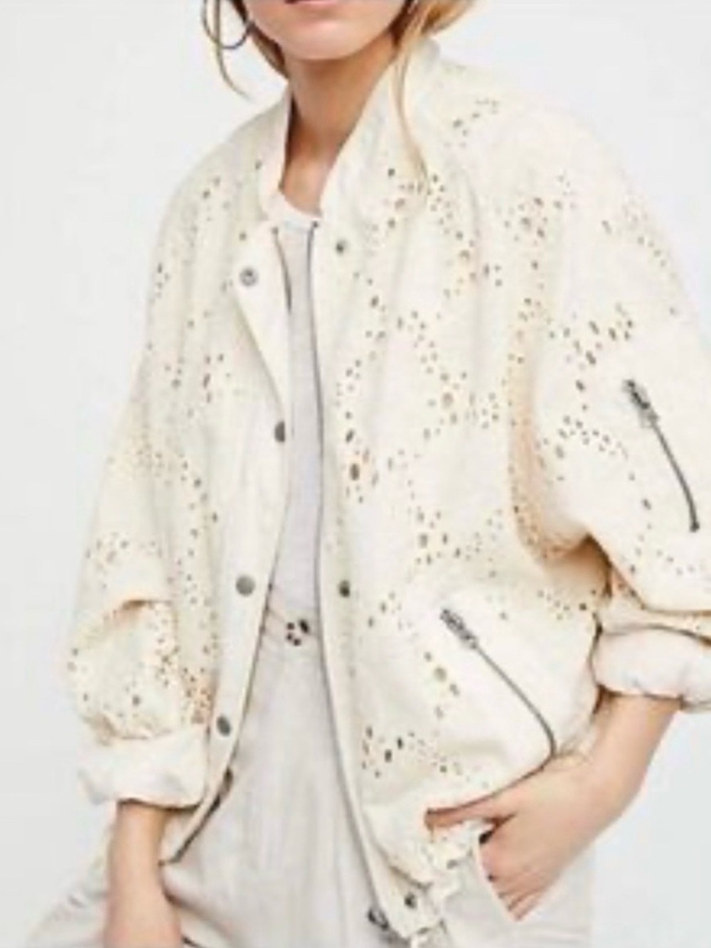 Free People Women’s Daisy Jane Cotton Eyelet Bomber Jacket Size Medium - Picture 2 of 11